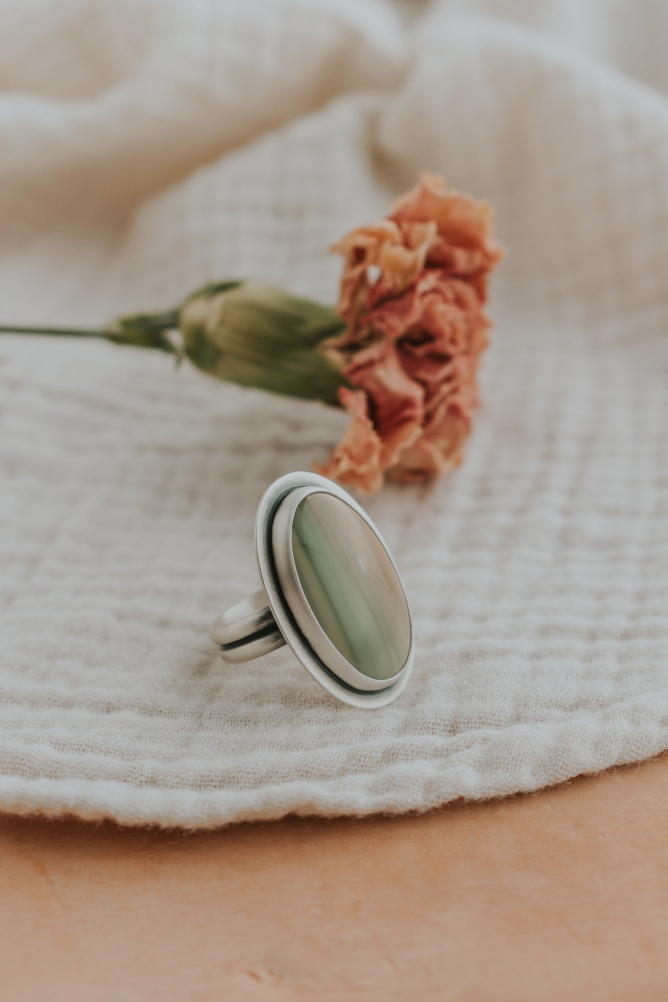 Pale Pink and Green Imperial Jasper Statement Ring - Size 8