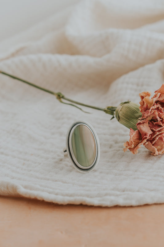 Pale Pink and Green Imperial Jasper Statement Ring - Size 8