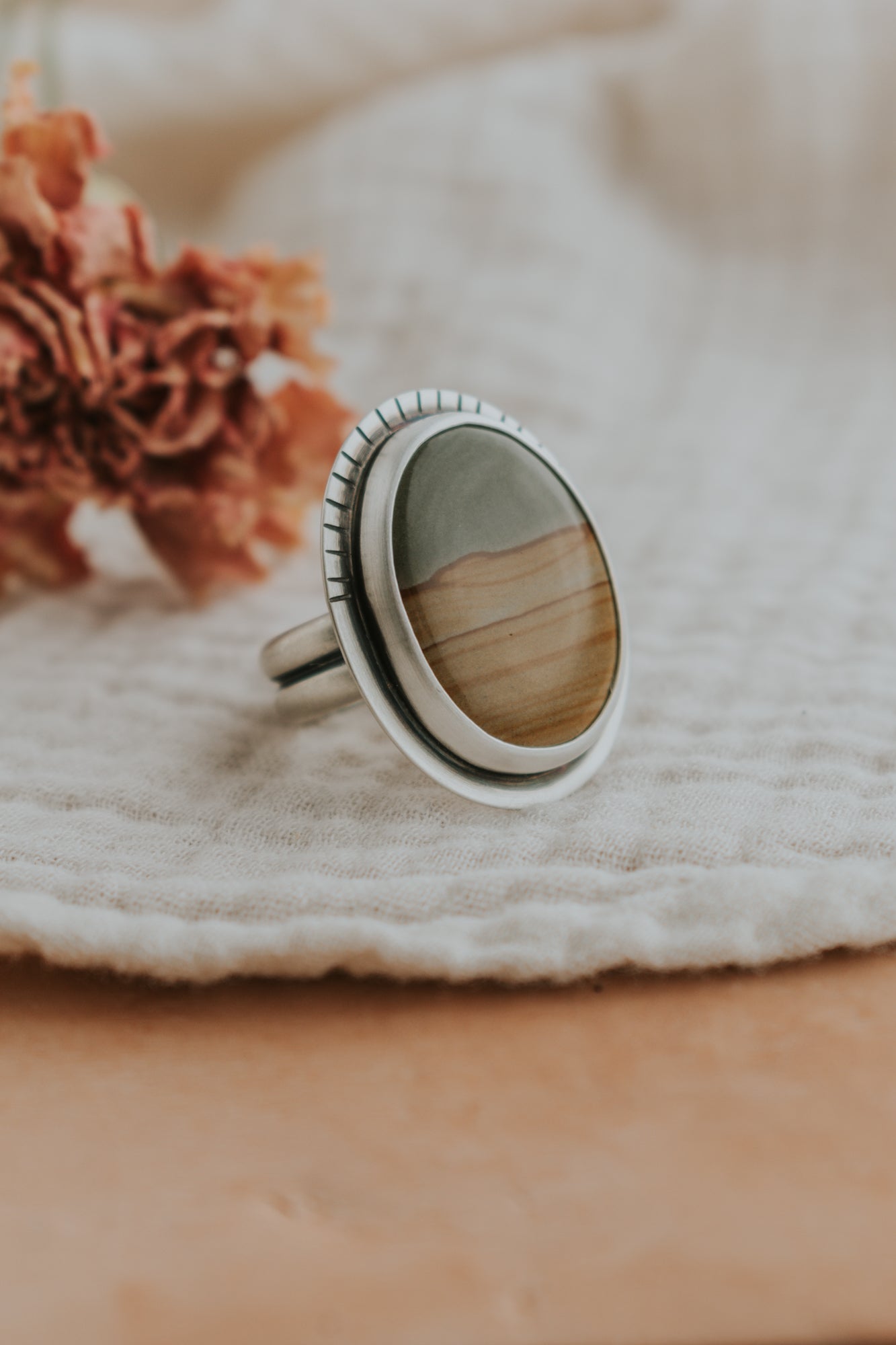 Large Oval Picture Jasper Statement Ring - Size 7.75