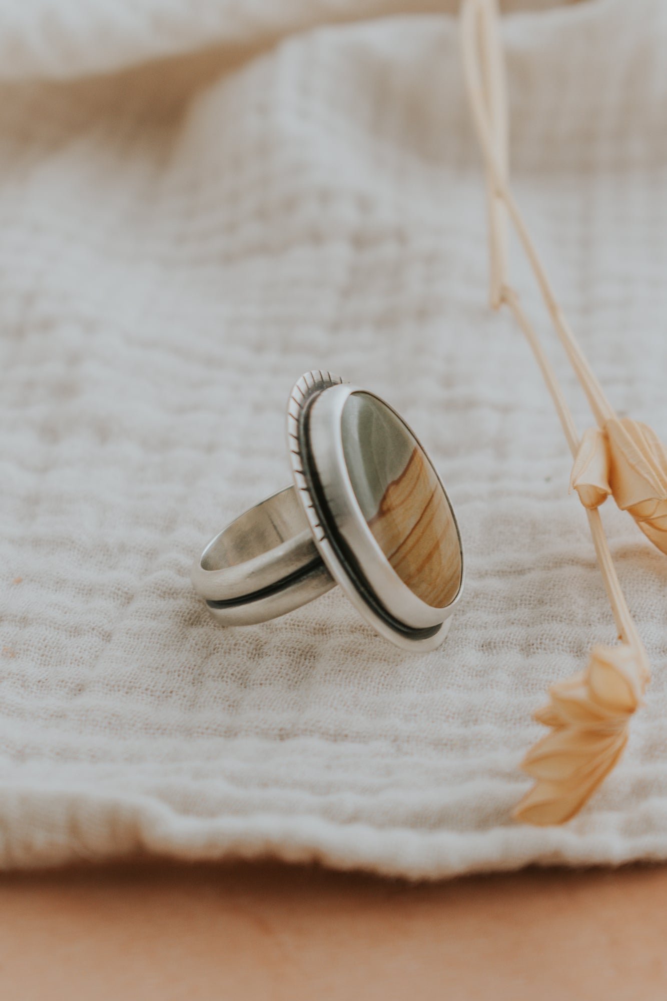 Large Oval Picture Jasper Statement Ring - Size 7.75