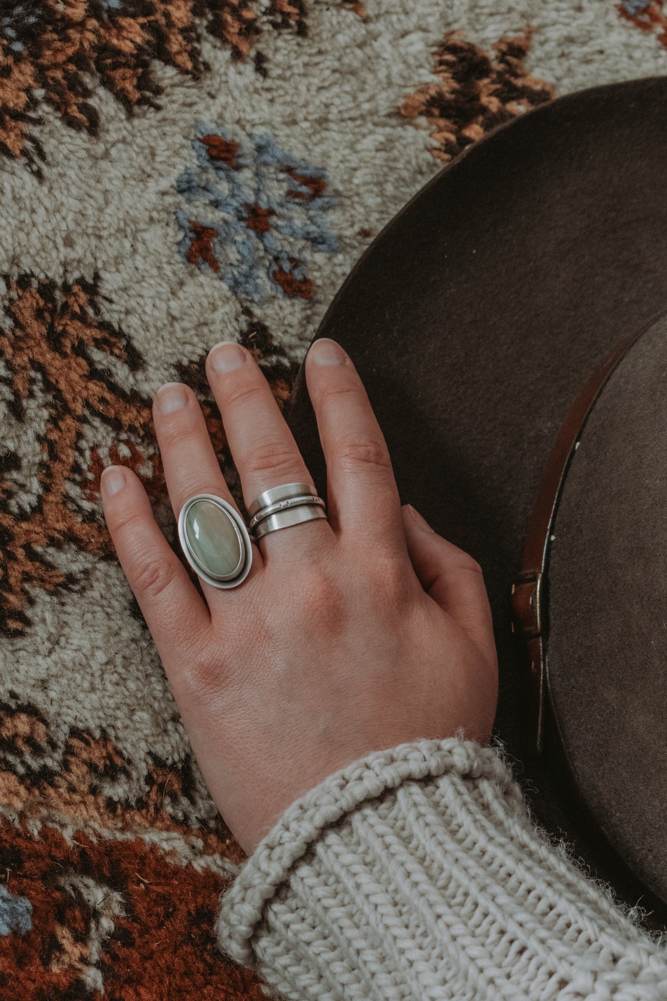 Pale Pink and Green Imperial Jasper Statement Ring - Size 8