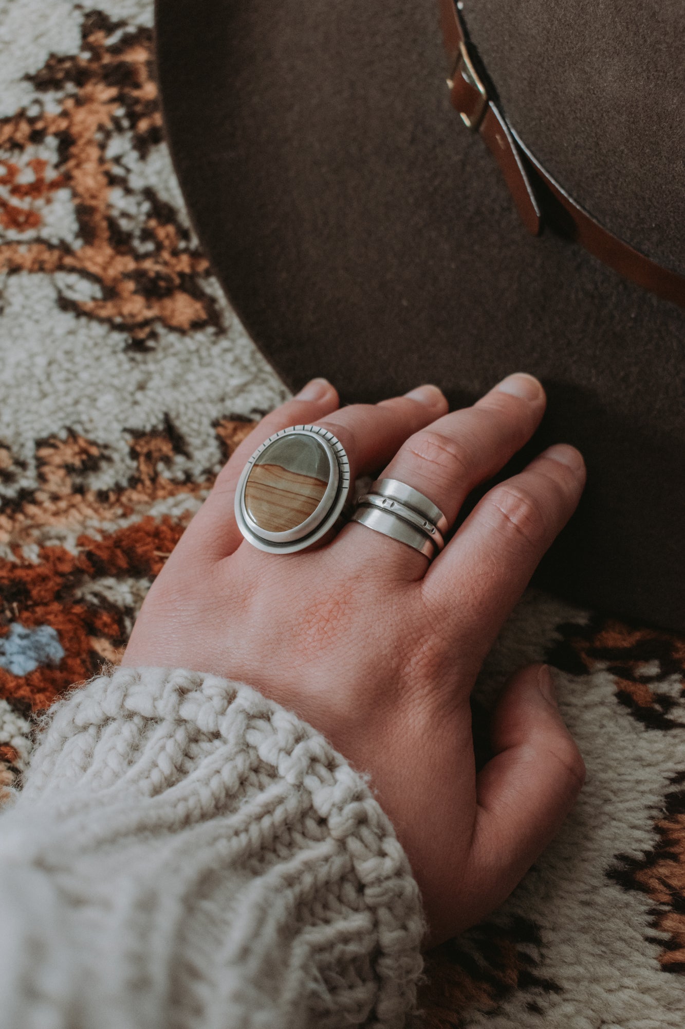 Large Oval Picture Jasper Statement Ring - Size 7.75