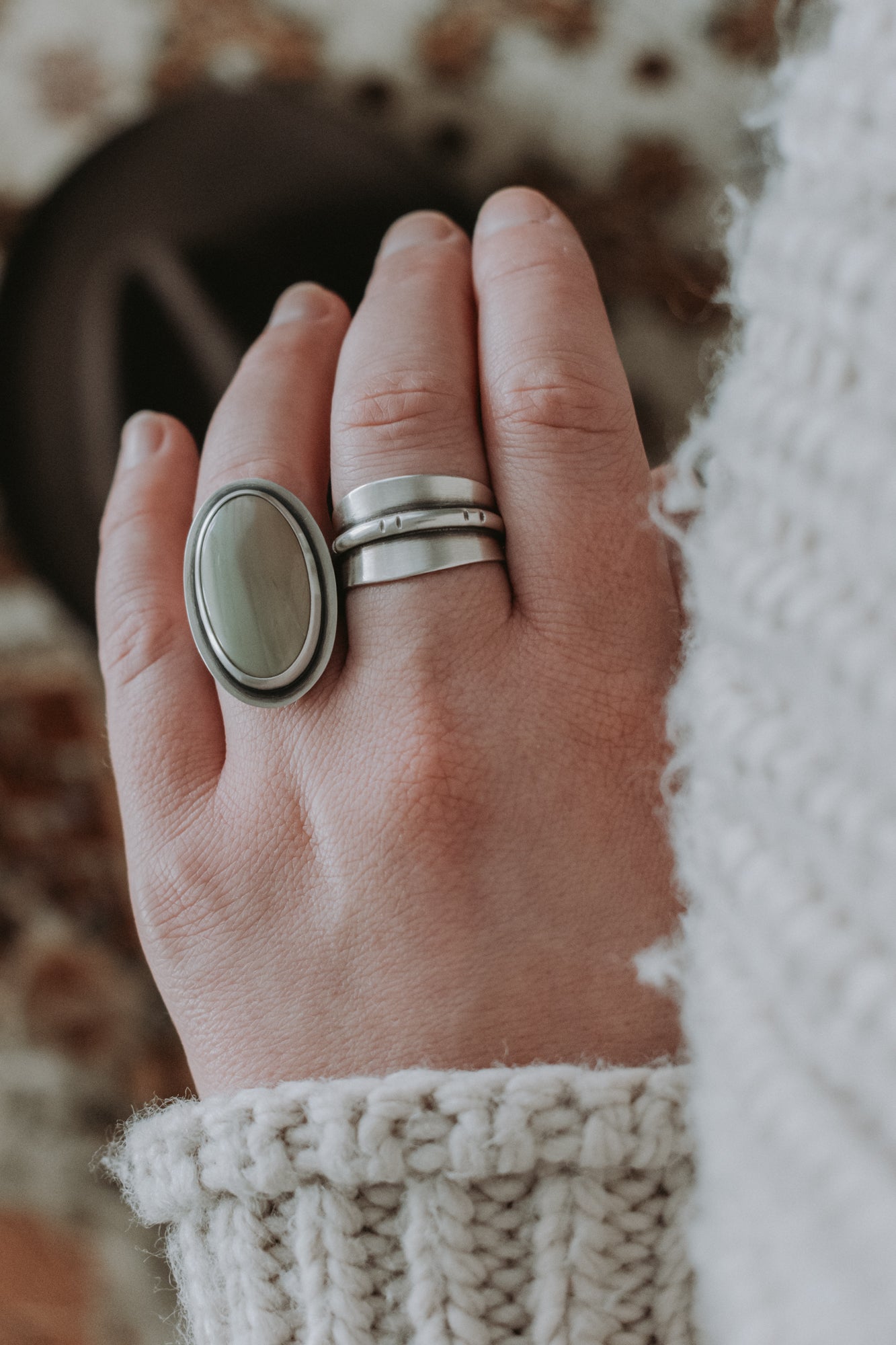 Pale Pink and Green Imperial Jasper Statement Ring - Size 8