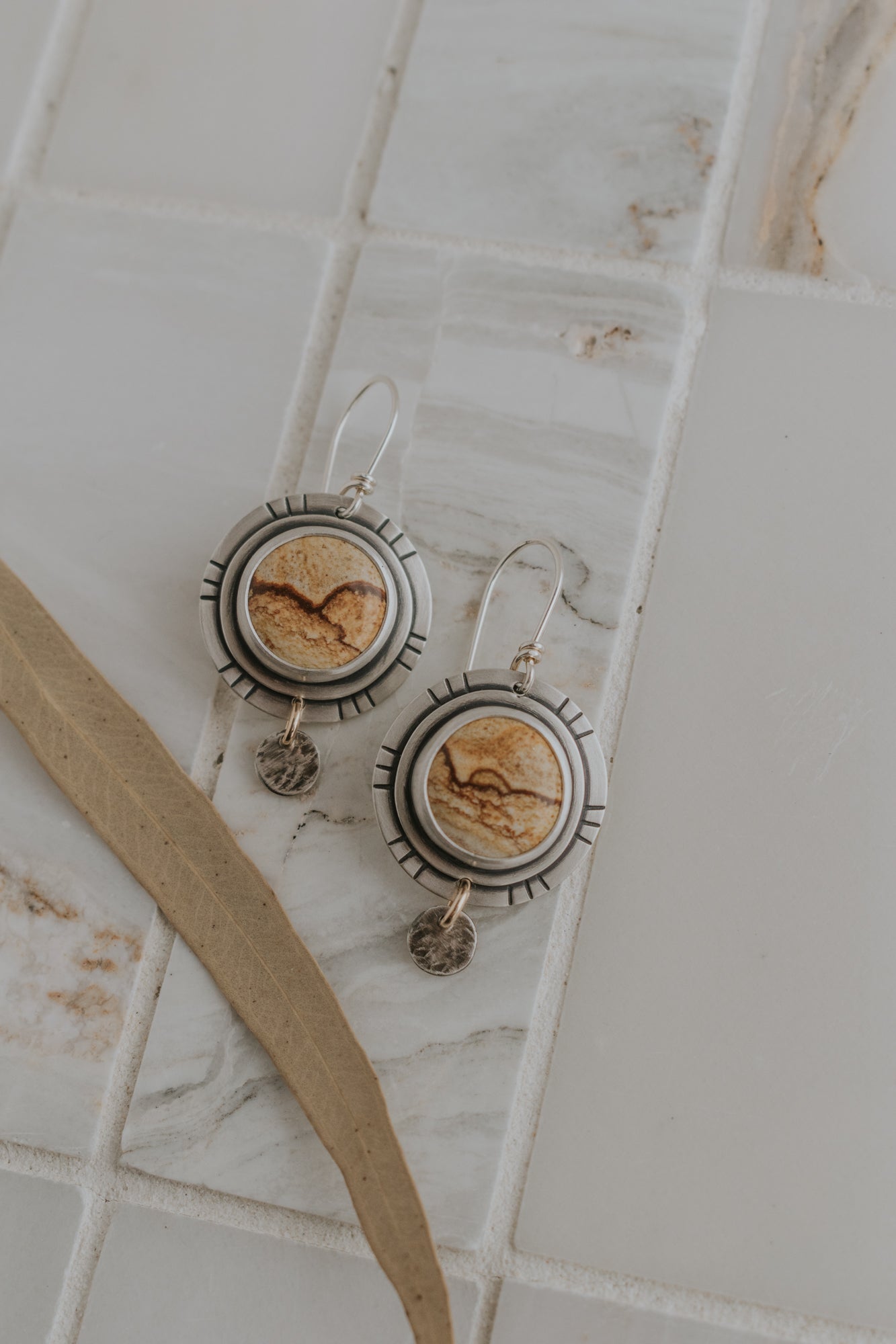 Picture Jasper + Silver Dot Dangle Earrings