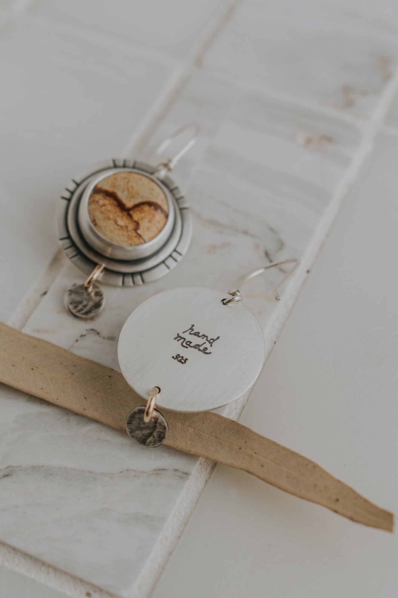 Picture Jasper + Silver Dot Dangle Earrings