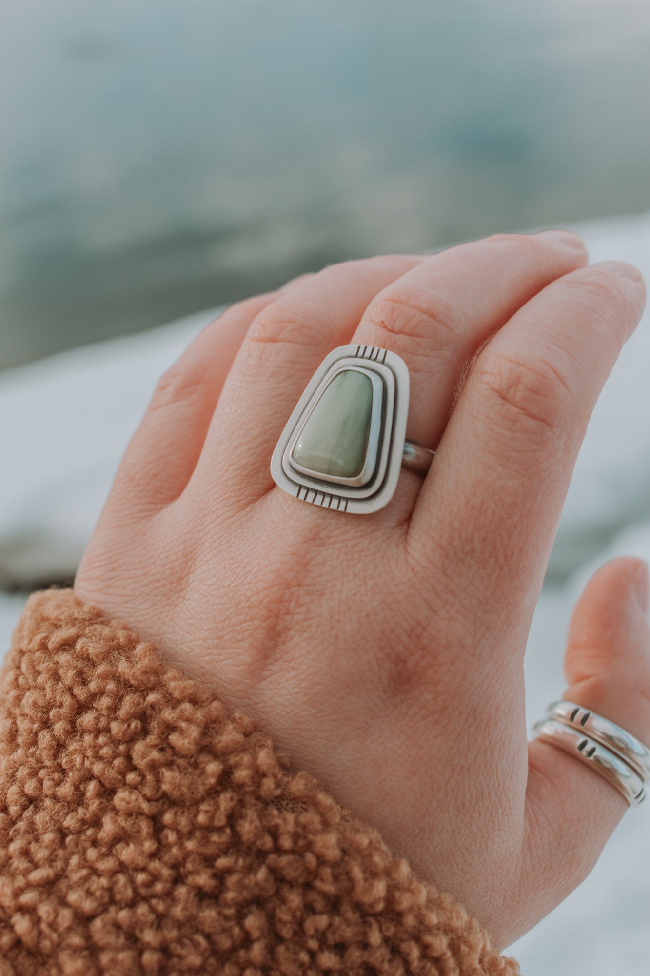 Light Mint Green Imperial Jasper Statement Ring - Size 8.25