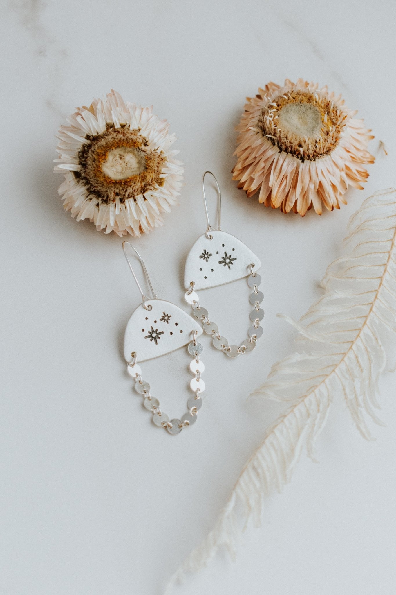 Cosmic Dangler Earrings, All Silver - Third Hand Silversmith handmade jewelry, Bozeman, Montana