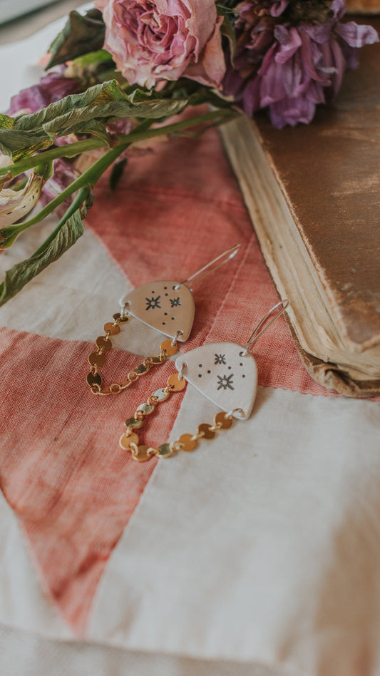 Cosmic Dangler Earrings, Silver with Gold Accent - Third Hand Silversmith handmade jewelry, Bozeman, Montana