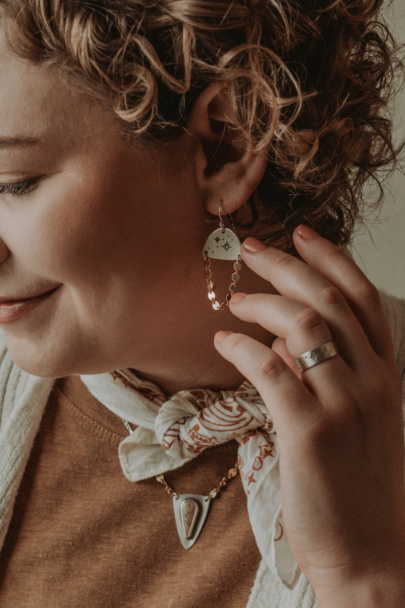 Cosmic Dangler Earrings, Silver with Gold Accent - Third Hand Silversmith handmade jewelry, Bozeman, Montana