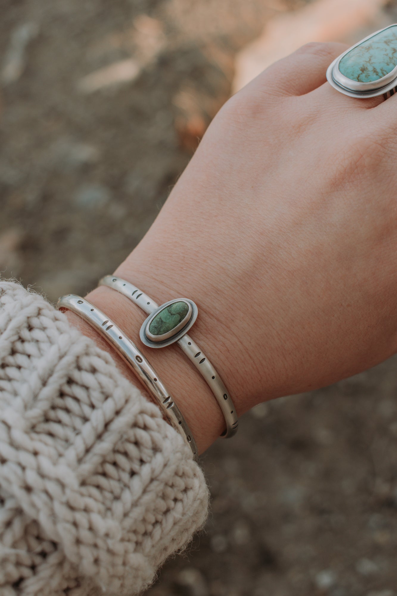 Geo Stamped Turquoise Cuff Bracelet - Third Hand Silversmith LLC handmade jewelry, Bozeman, Montana