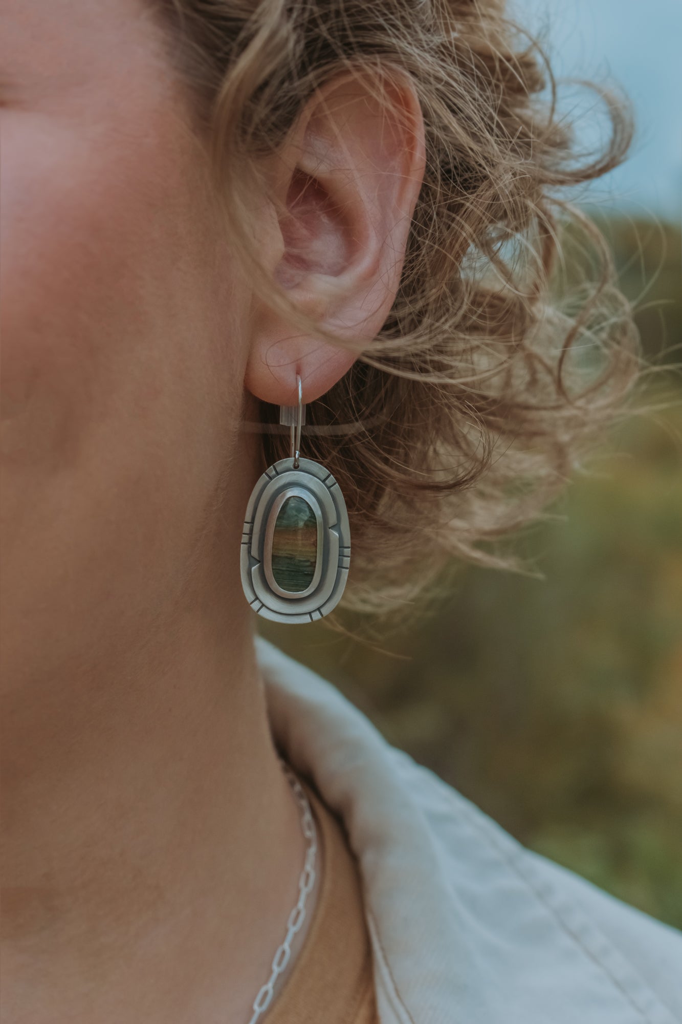 Green Mountain Jasper Statement Earrings - Third Hand Silversmith LLC handmade jewelry, Bozeman, Montana