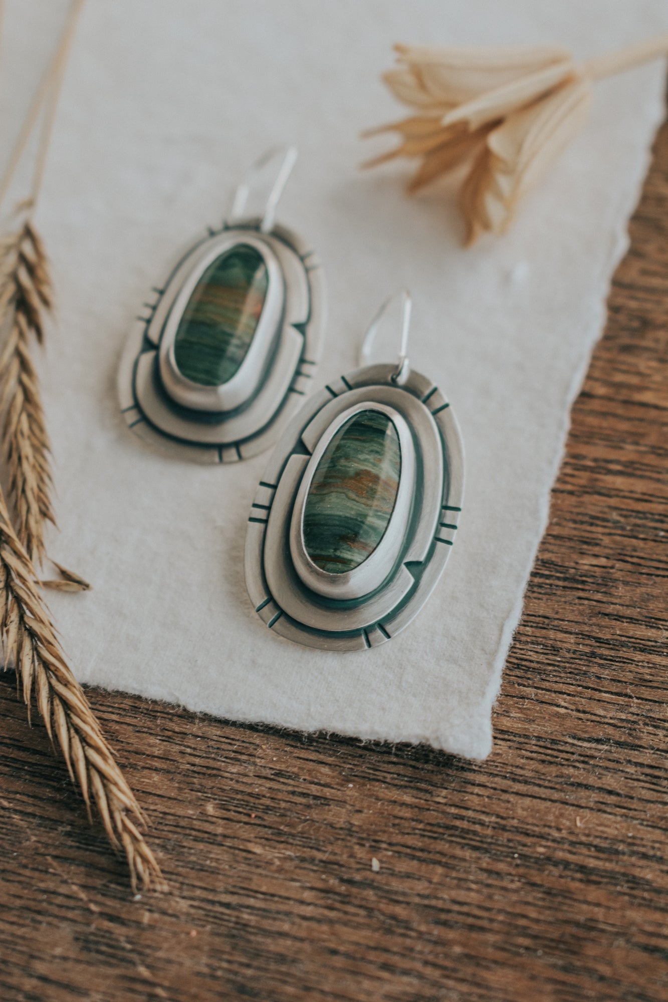 Green Mountain Jasper Statement Earrings - Third Hand Silversmith LLC handmade jewelry, Bozeman, Montana