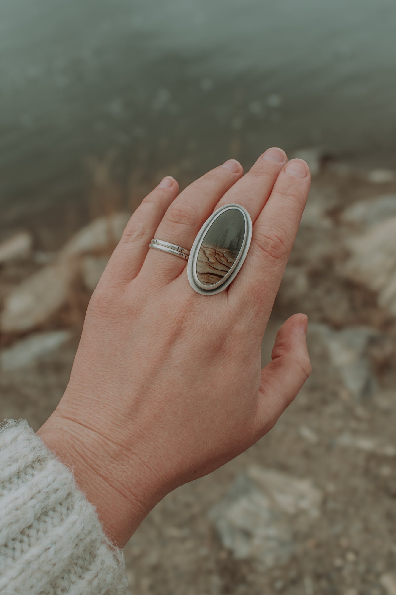Large Oval Picture Jasper Statement Ring- Size 8.75 - Third Hand Silversmith LLC handmade jewelry, Bozeman, Montana