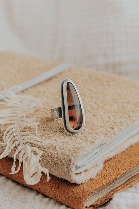 Long Montana Agate Statement Ring- Size 8 - Third Hand Silversmith LLC handmade jewelry, Bozeman, Montana