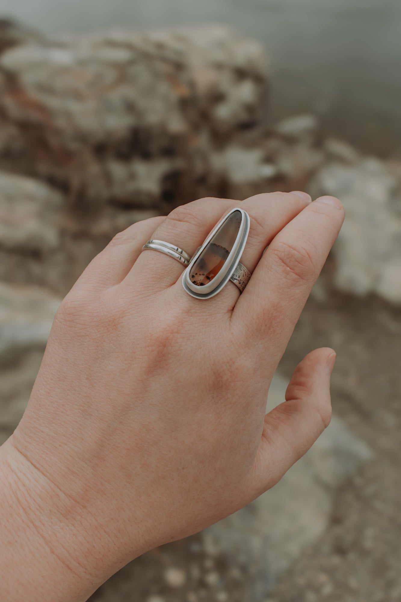 Long Montana Agate Statement Ring- Size 8 - Third Hand Silversmith LLC handmade jewelry, Bozeman, Montana