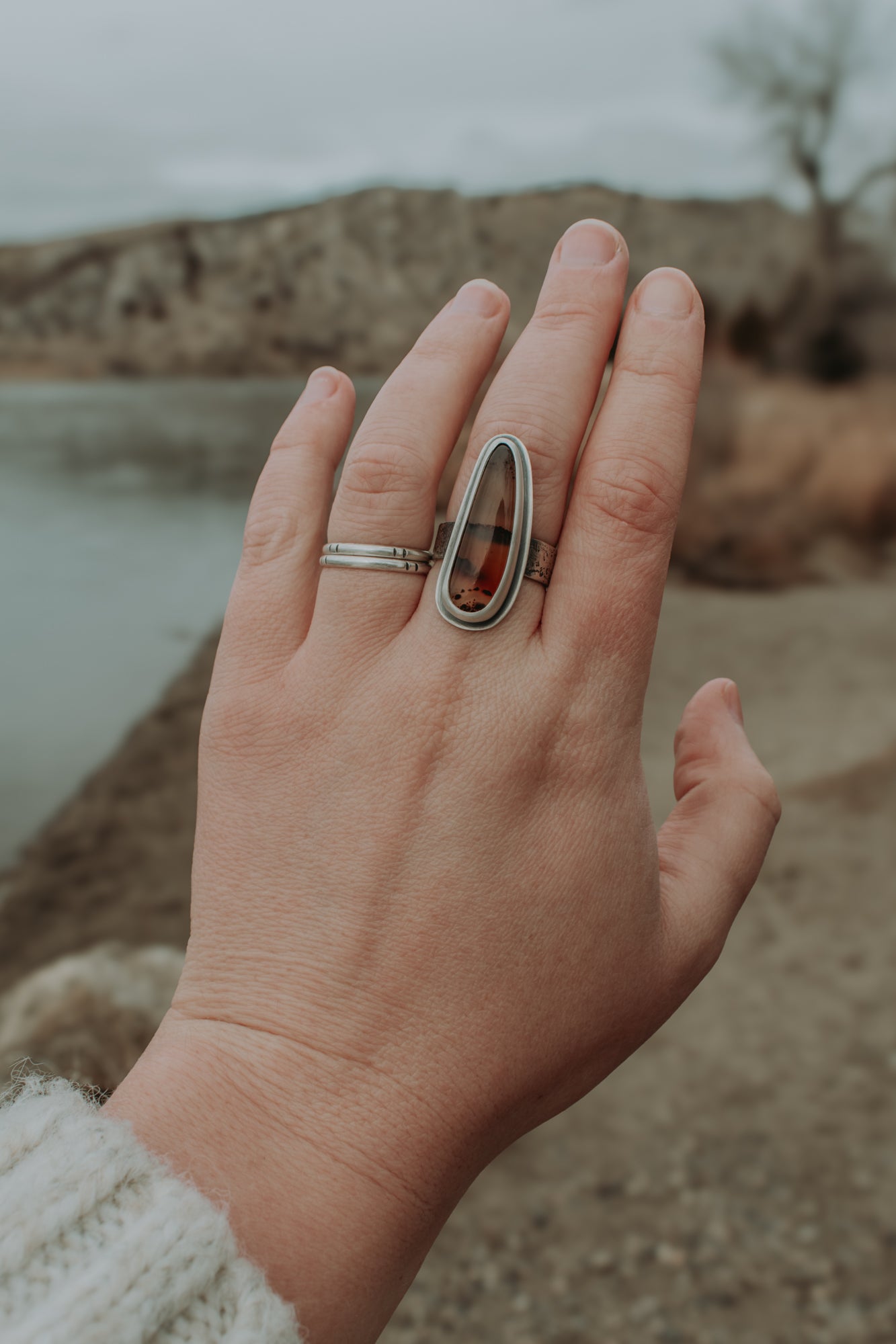 Long Montana Agate Statement Ring- Size 8 - Third Hand Silversmith LLC handmade jewelry, Bozeman, Montana