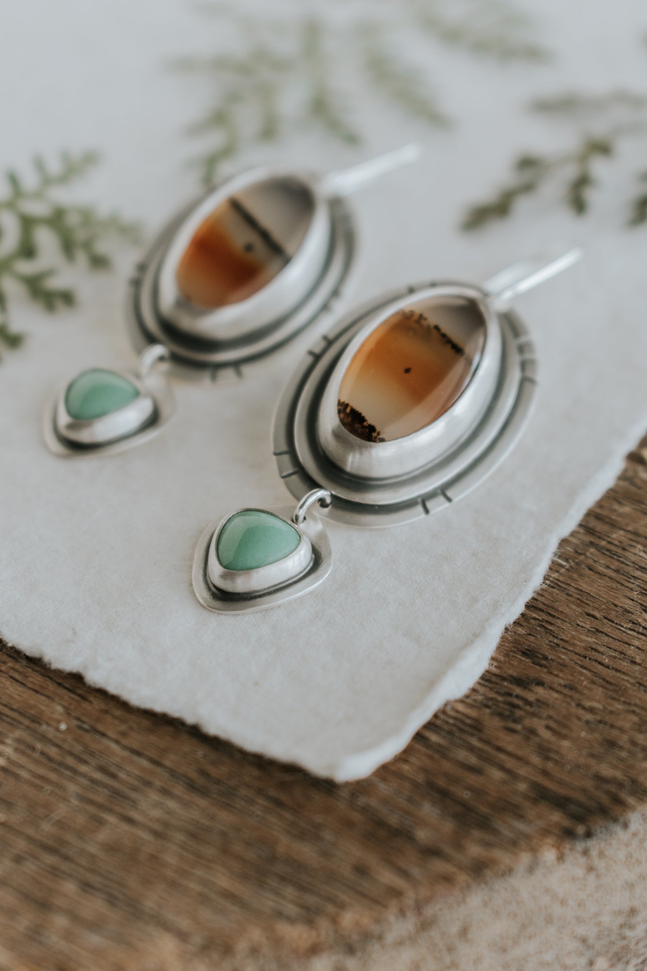 Montana Agate and Variscite Statement Earrings - Third Hand Silversmith LLC handmade jewelry, Bozeman, Montana