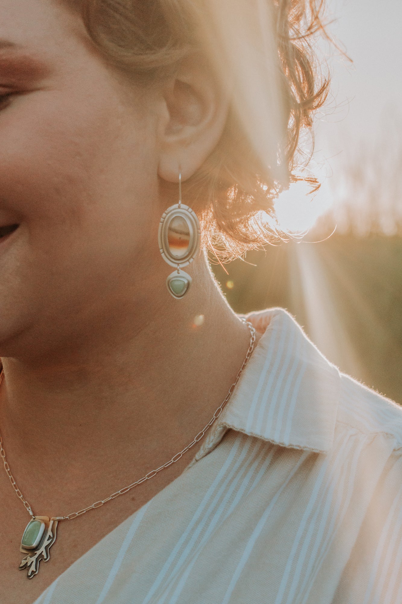 Montana Agate and Variscite Statement Earrings - Third Hand Silversmith LLC handmade jewelry, Bozeman, Montana
