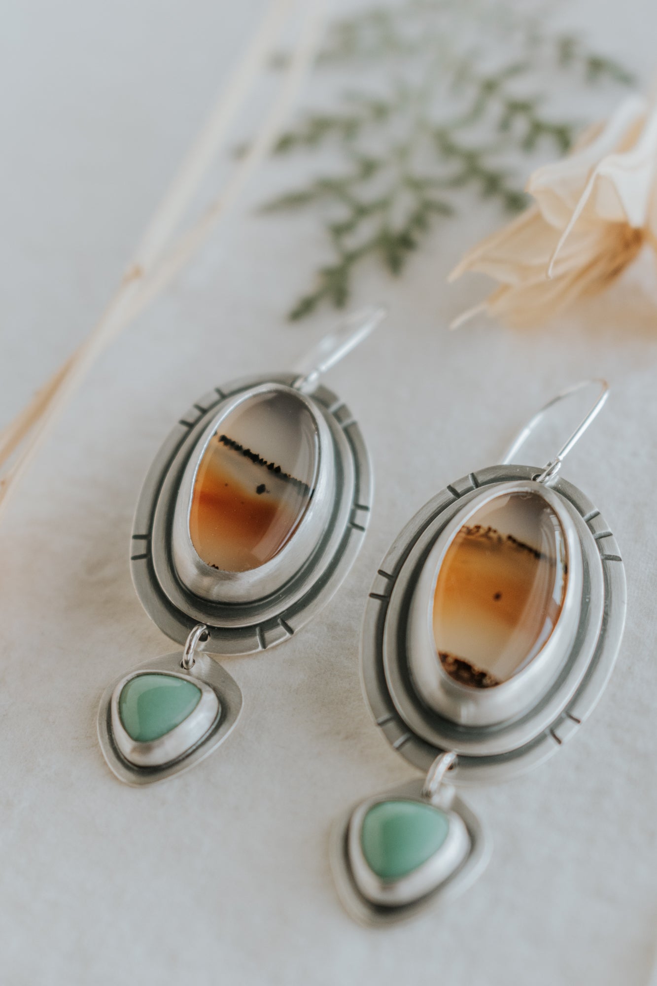 Montana Agate and Variscite Statement Earrings - Third Hand Silversmith LLC handmade jewelry, Bozeman, Montana