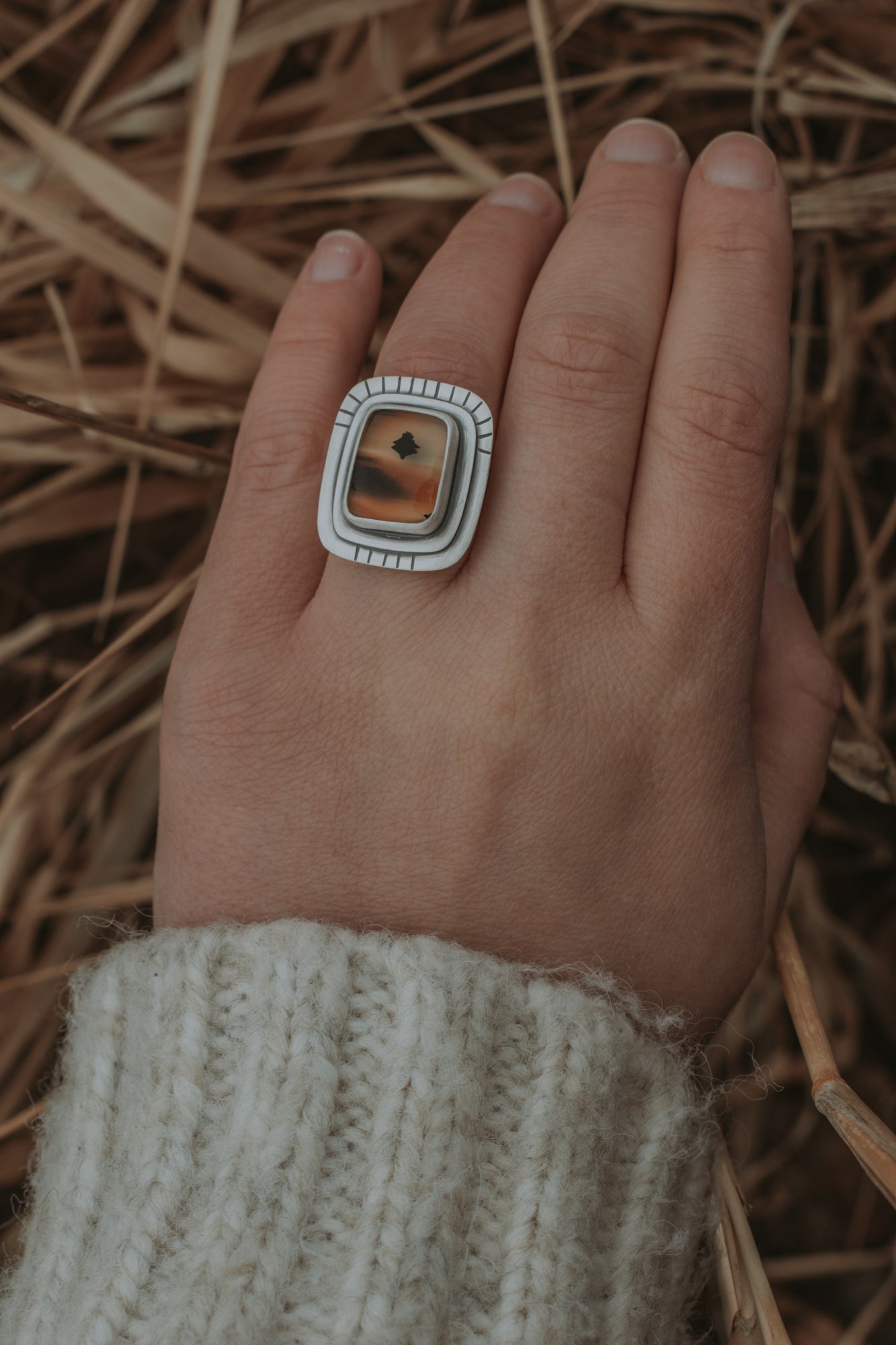 Montana Agate Pine Tree Ring - Size 6.5 - Third Hand Silversmith LLC handmade jewelry, Bozeman, Montana
