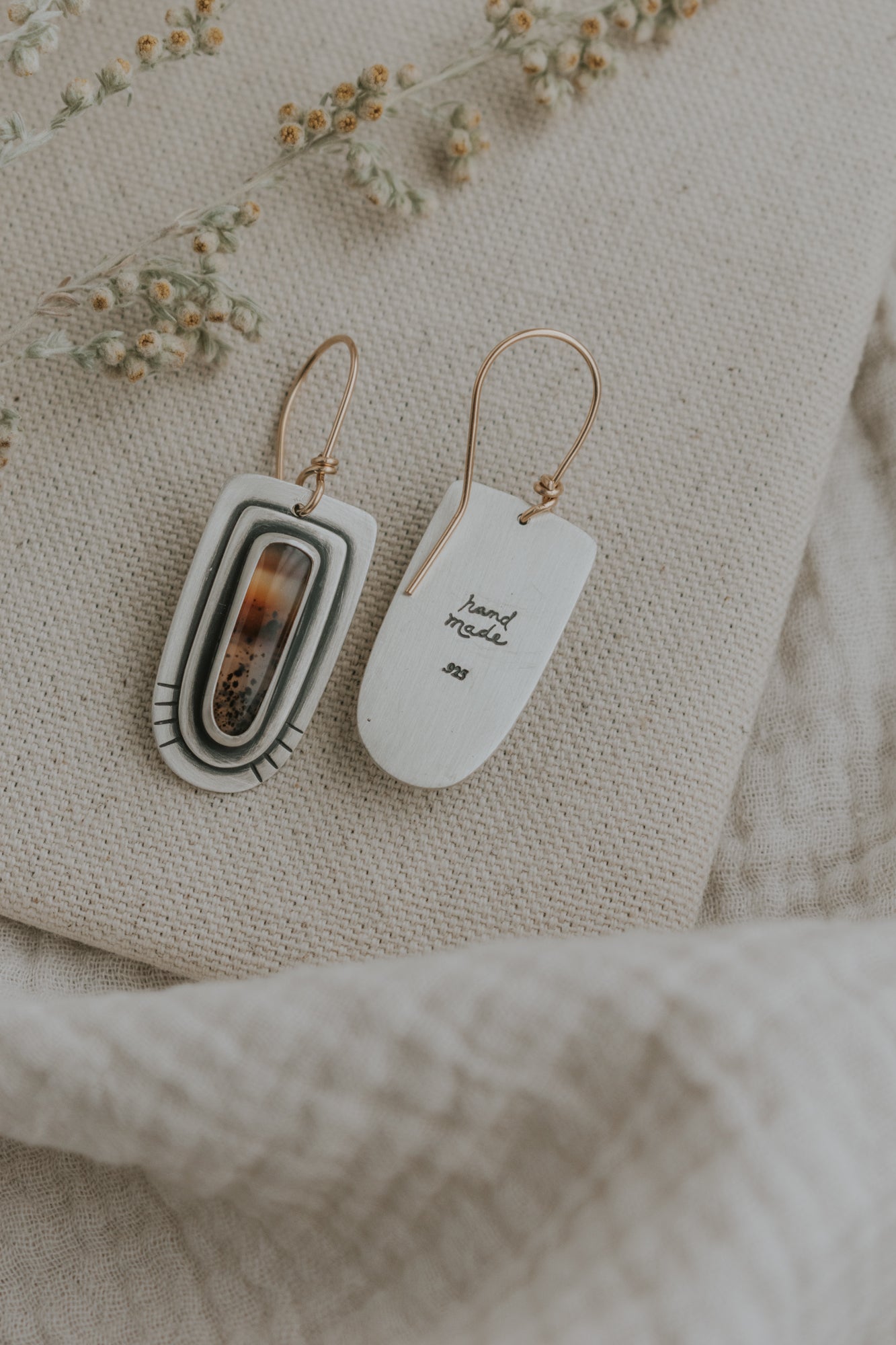 Montana Agate Statement Earrings with Gold-Filled Earwires - Third Hand Silversmith LLC handmade jewelry, Bozeman, Montana