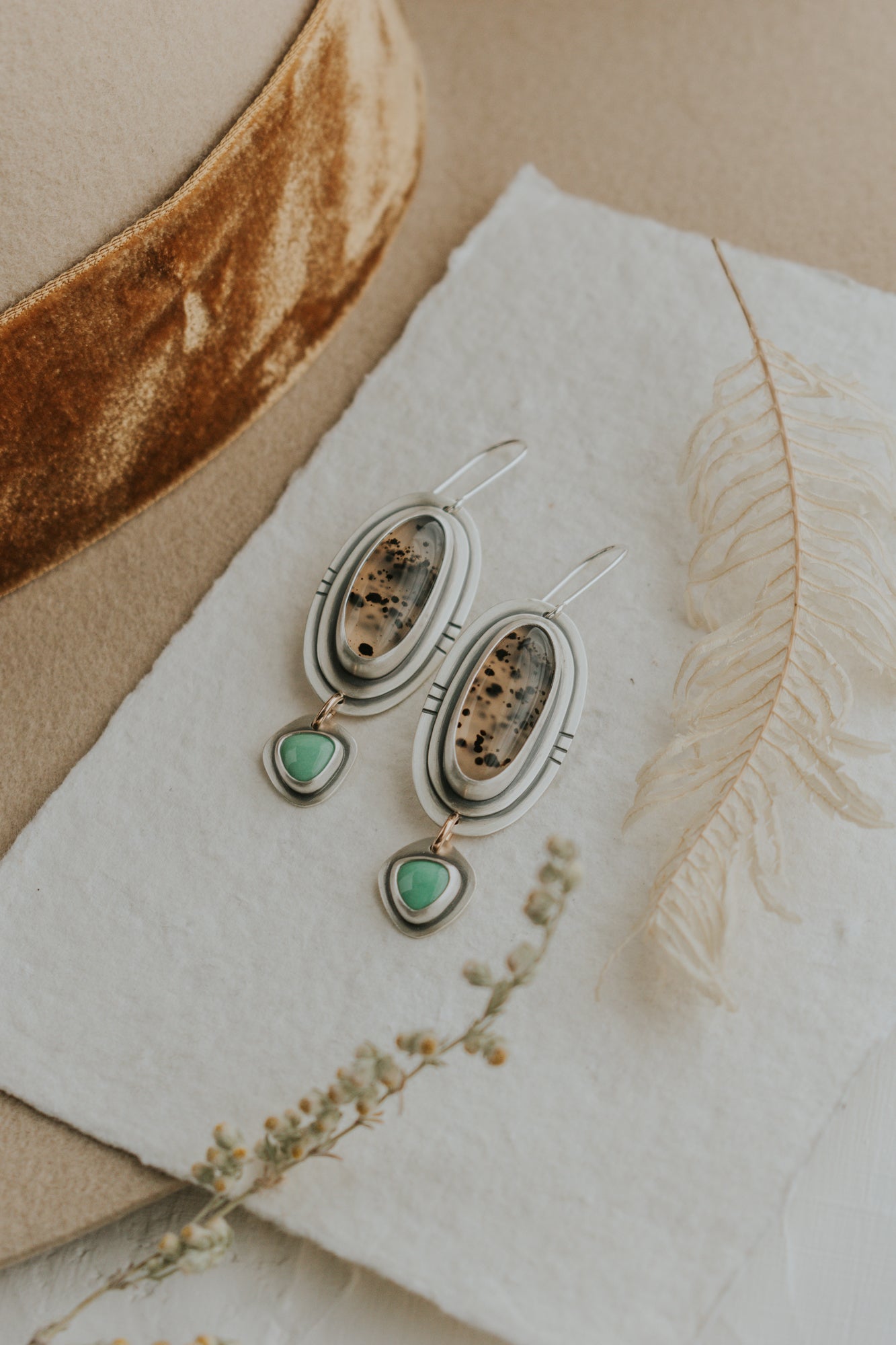 Montana Agate + Variscite Statement Earrings - Third Hand Silversmith LLC handmade jewelry, Bozeman, Montana