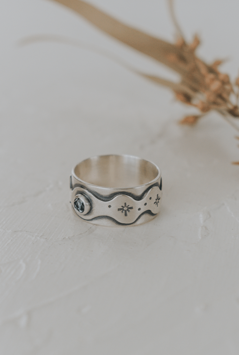 Montana Sapphire Cosmic Goddess Ring - Size 8.25 - Third Hand Silversmith handmade jewelry, Bozeman, Montana