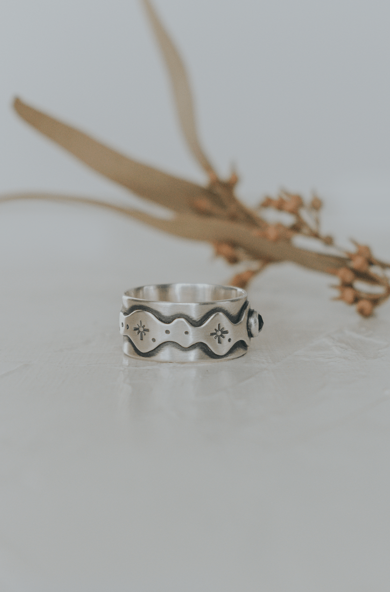 Montana Sapphire Cosmic Goddess Ring - Size 8.25 - Third Hand Silversmith handmade jewelry, Bozeman, Montana