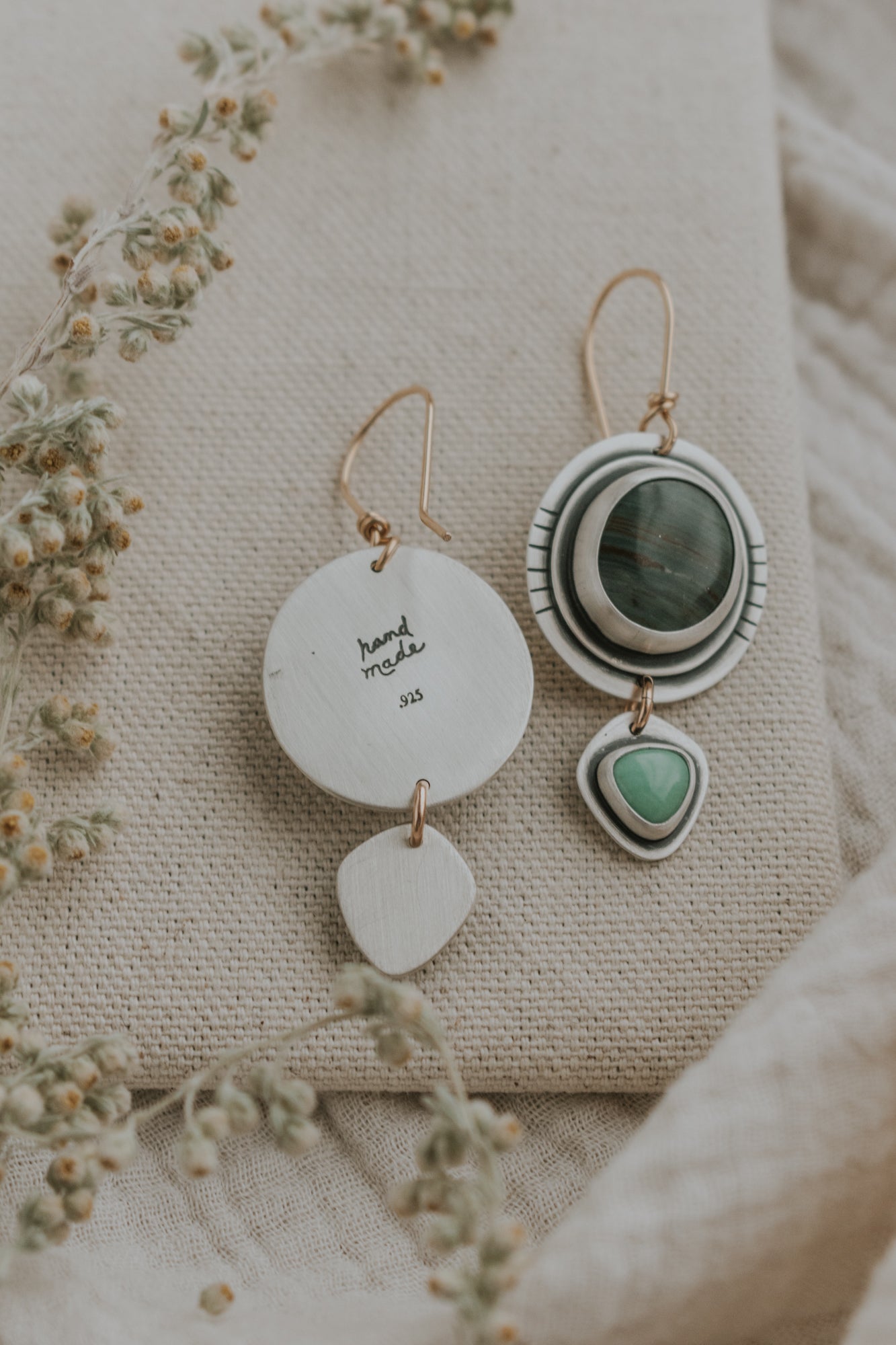 Oregon Jasper + Variscite Statement Earrings with Gold-Filled Earwires - Third Hand Silversmith LLC handmade jewelry, Bozeman, Montana