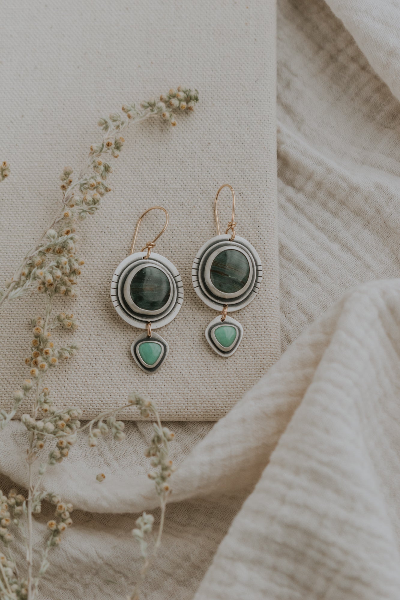 Oregon Jasper + Variscite Statement Earrings with Gold-Filled Earwires - Third Hand Silversmith LLC handmade jewelry, Bozeman, Montana