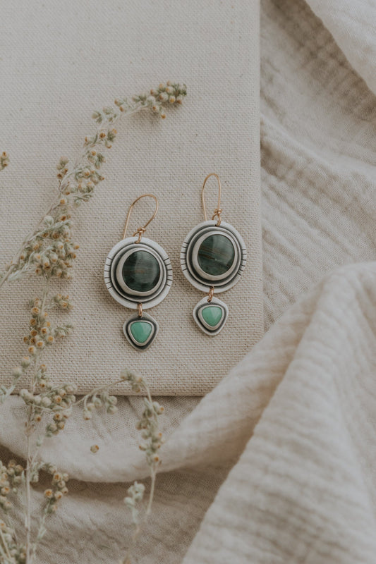 Oregon Jasper + Variscite Statement Earrings with Gold-Filled Earwires - Third Hand Silversmith LLC handmade jewelry, Bozeman, Montana