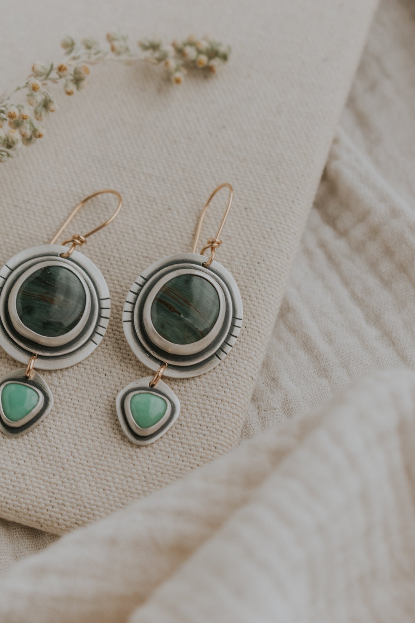 Oregon Jasper + Variscite Statement Earrings with Gold-Filled Earwires - Third Hand Silversmith LLC handmade jewelry, Bozeman, Montana