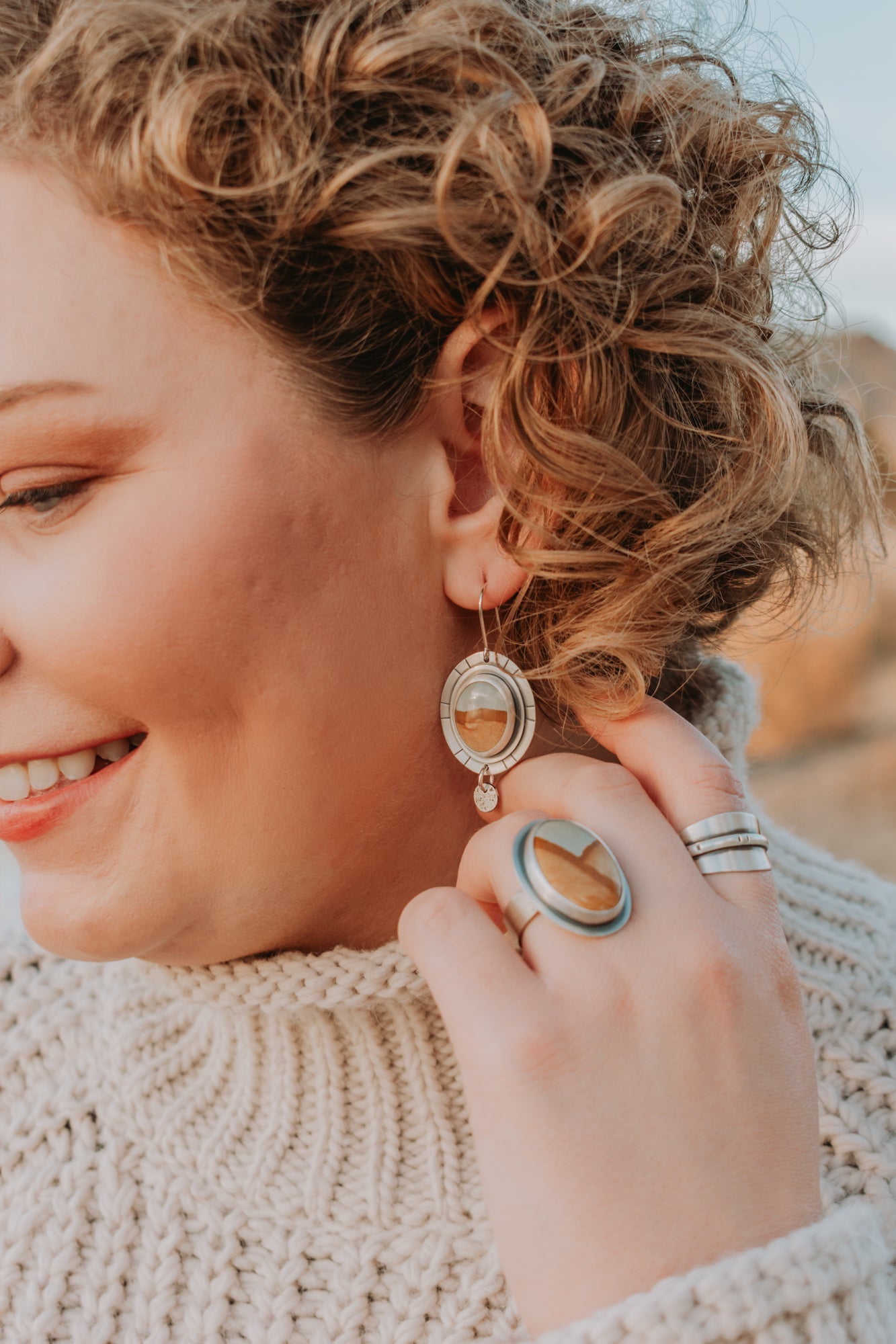 Picture Jasper + Silver Dot Statement Earrings - Third Hand Silversmith LLC handmade jewelry, Bozeman, Montana