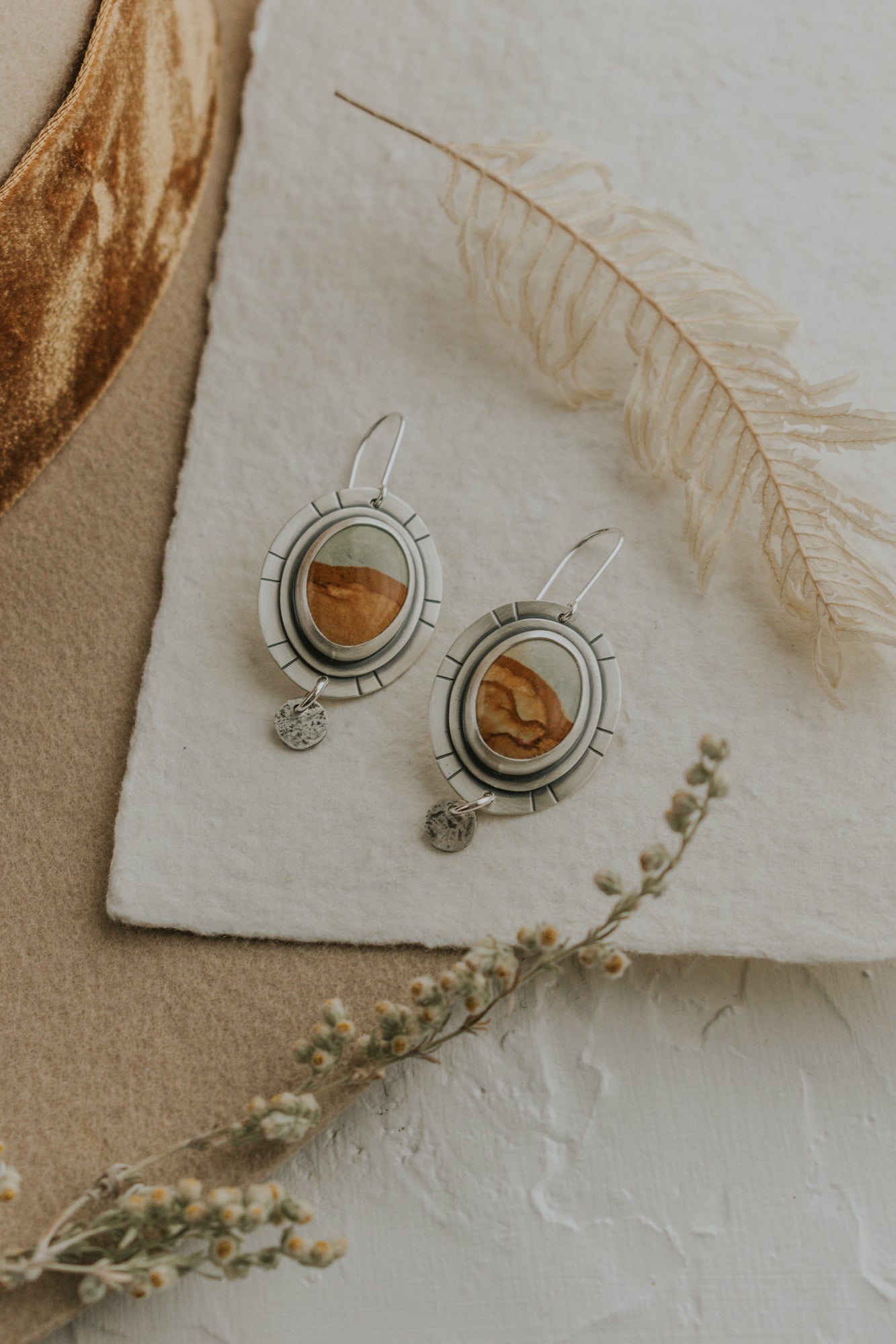 Picture Jasper + Silver Dot Statement Earrings - Third Hand Silversmith LLC handmade jewelry, Bozeman, Montana