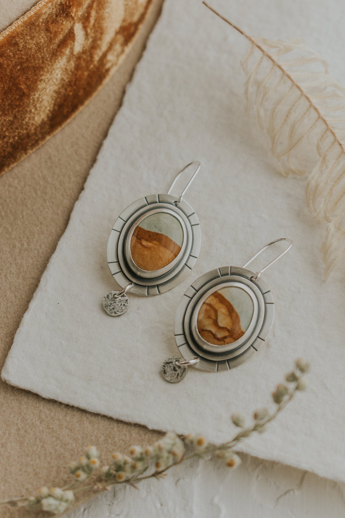 Picture Jasper + Silver Dot Statement Earrings - Third Hand Silversmith LLC handmade jewelry, Bozeman, Montana