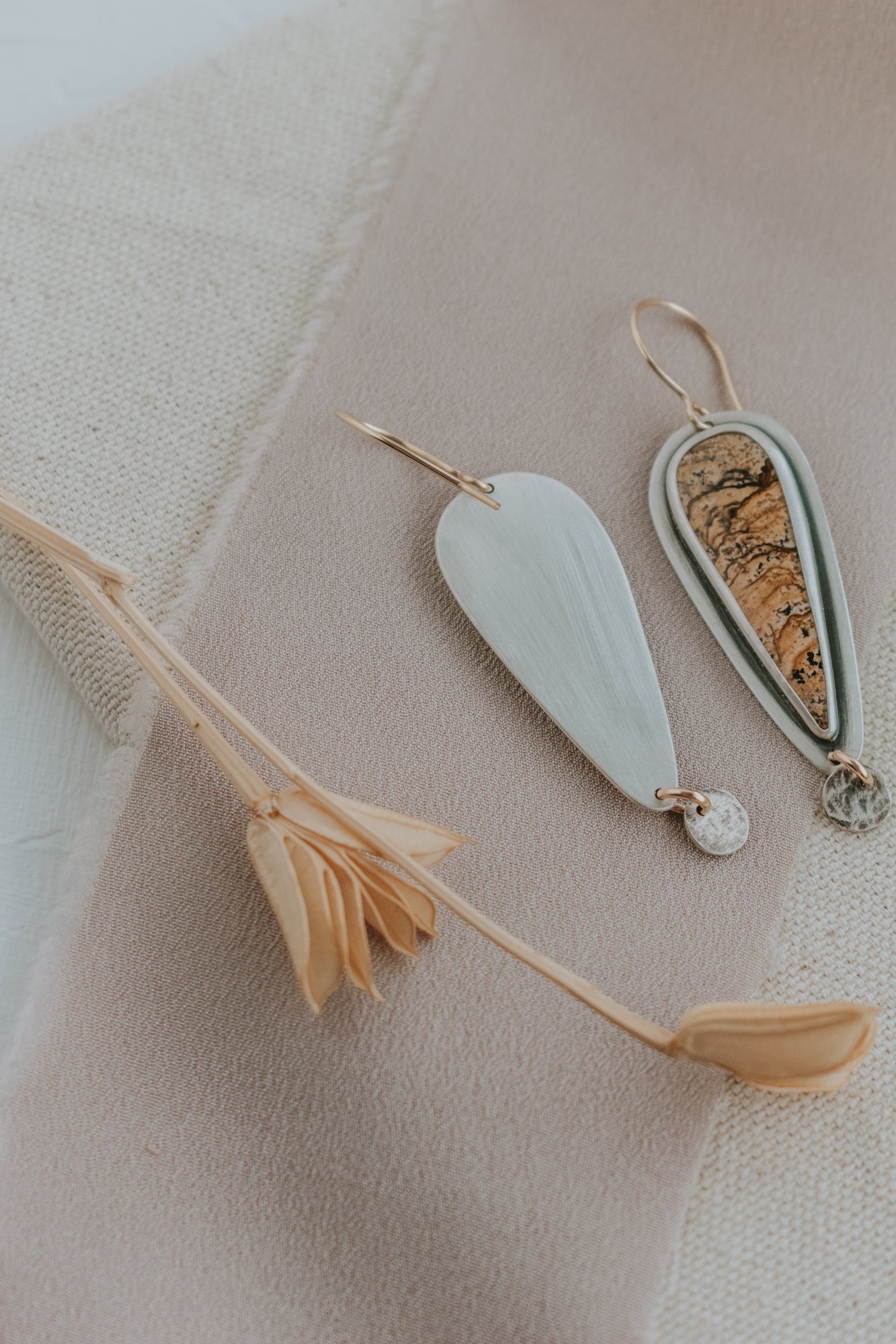 Picture Jasper + Silver Dot Statement Earrings with Gold-Fill Accents - Third Hand Silversmith LLC handmade jewelry, Bozeman, Montana