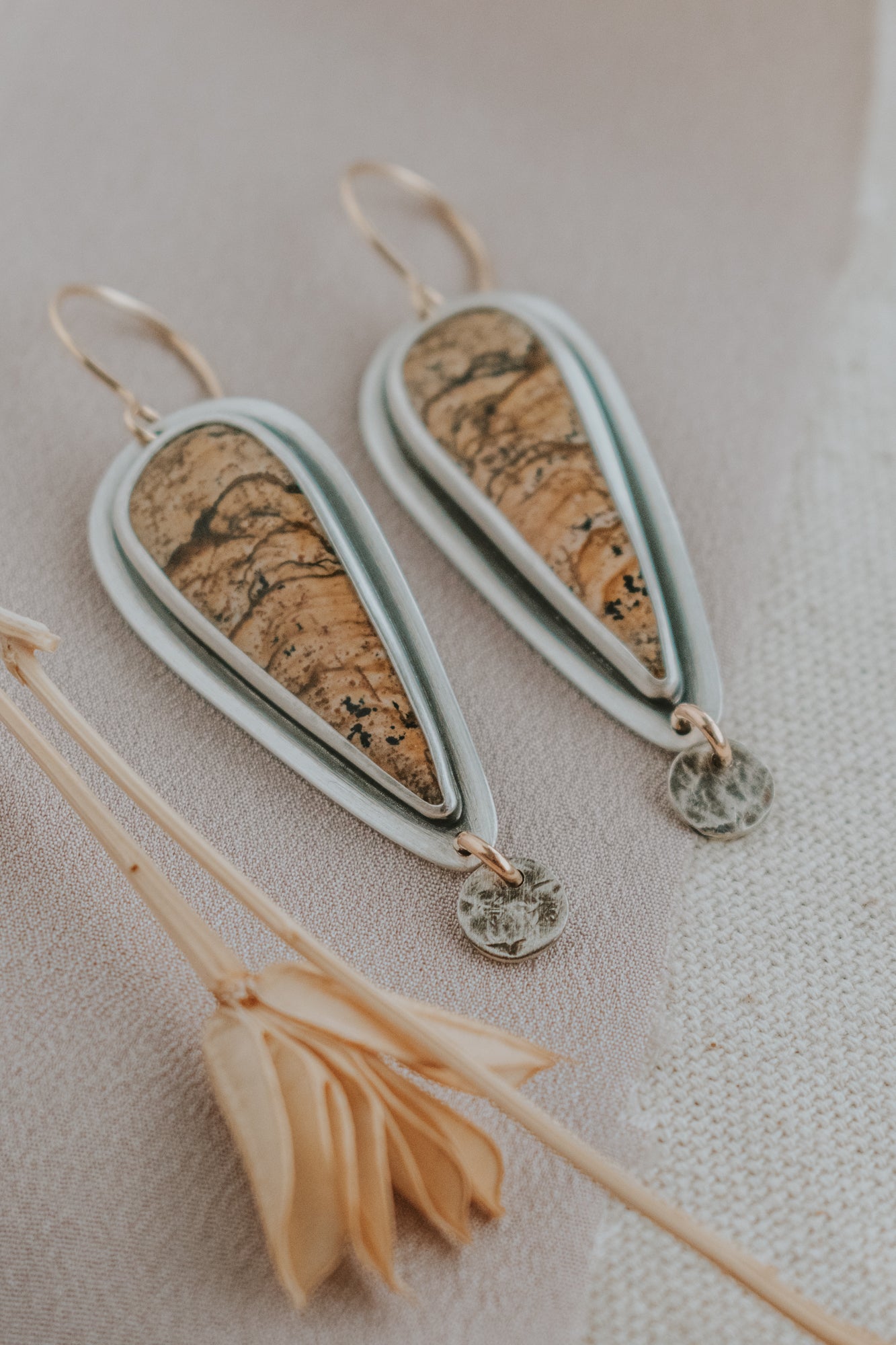 Picture Jasper + Silver Dot Statement Earrings with Gold-Fill Accents - Third Hand Silversmith LLC handmade jewelry, Bozeman, Montana