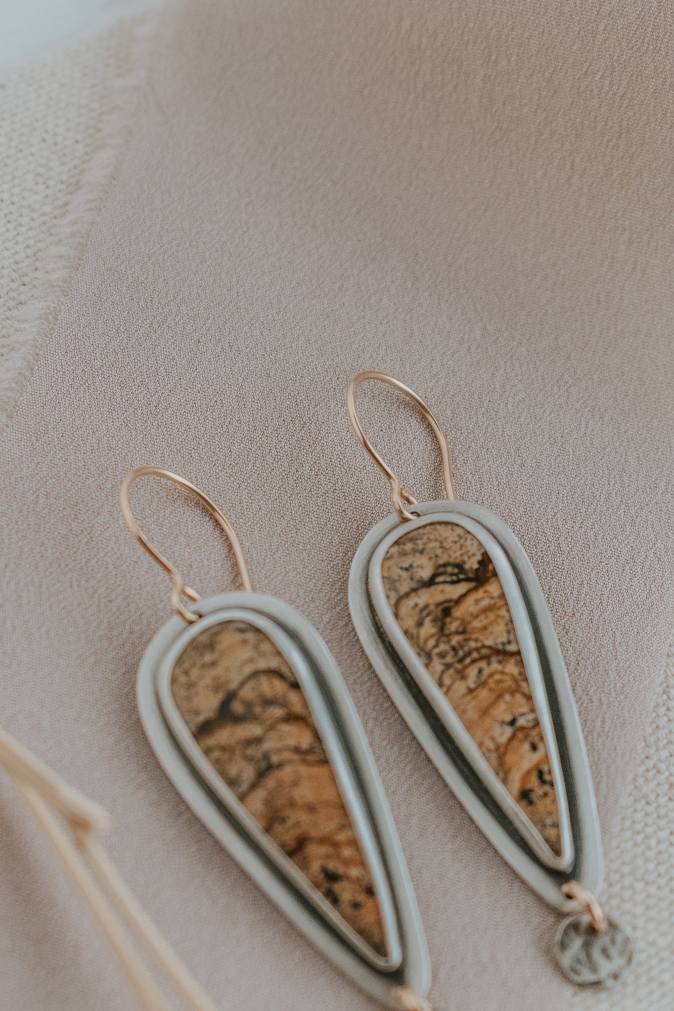 Picture Jasper + Silver Dot Statement Earrings with Gold-Fill Accents - Third Hand Silversmith LLC handmade jewelry, Bozeman, Montana