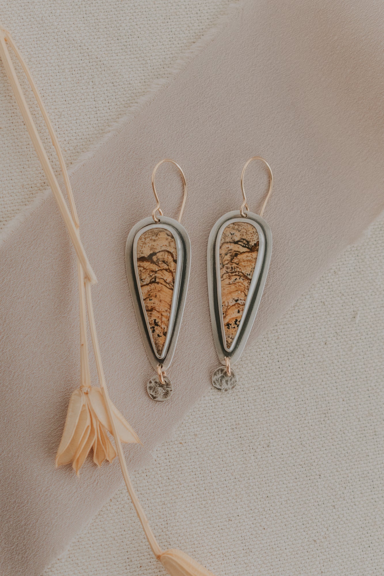 Picture Jasper + Silver Dot Statement Earrings with Gold-Fill Accents - Third Hand Silversmith LLC handmade jewelry, Bozeman, Montana