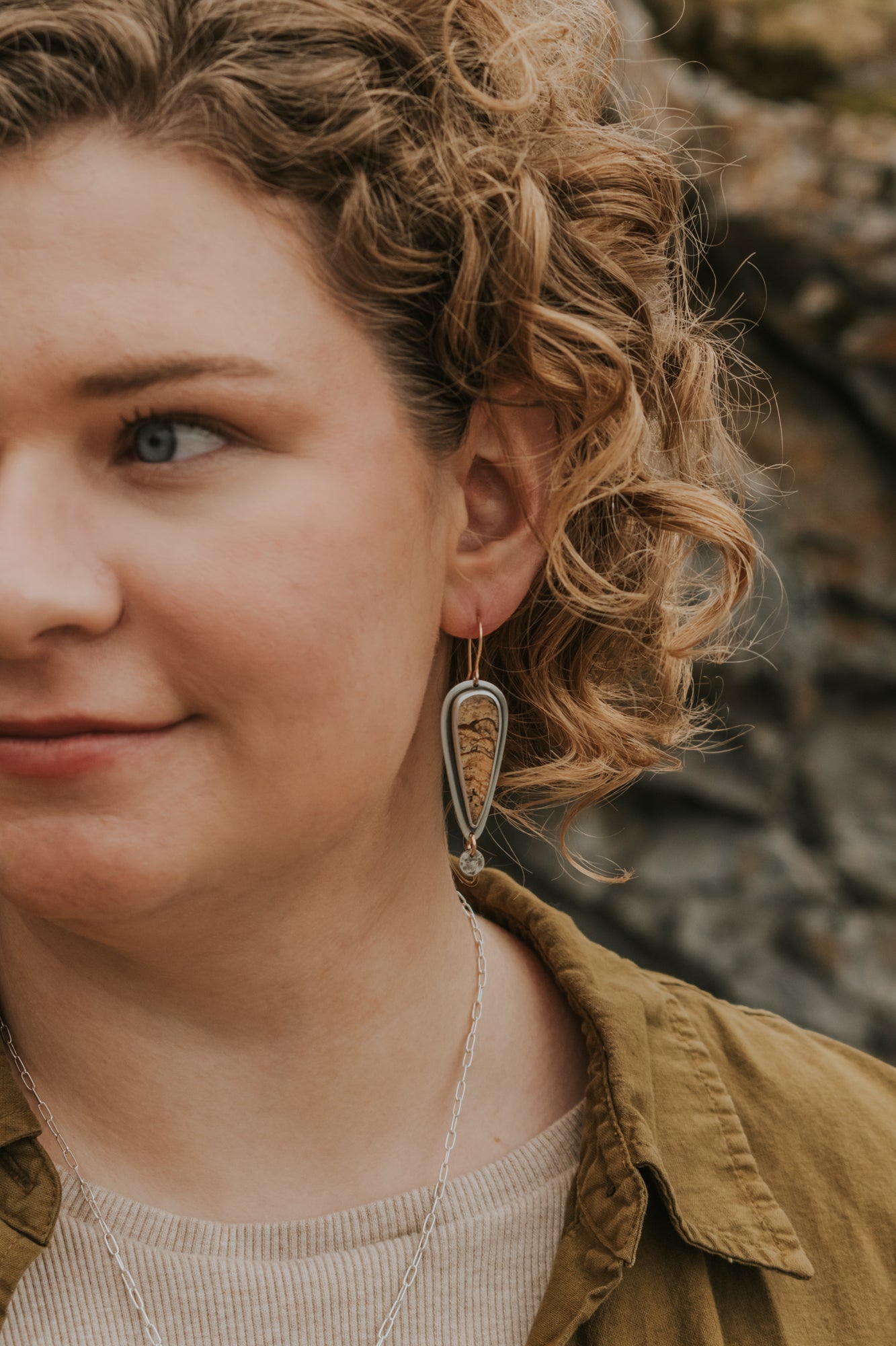 Picture Jasper + Silver Dot Statement Earrings with Gold-Fill Accents - Third Hand Silversmith LLC handmade jewelry, Bozeman, Montana