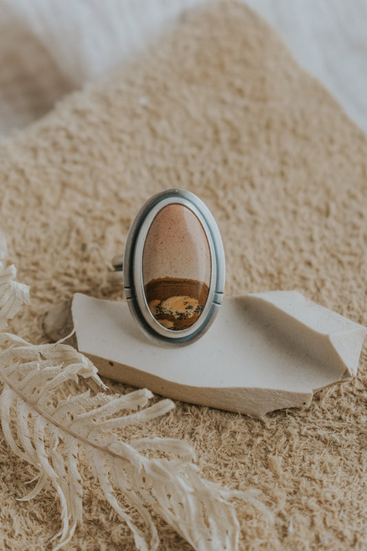Pinkish Picture Jasper Statement Ring- Size 9 - Third Hand Silversmith LLC handmade jewelry, Bozeman, Montana