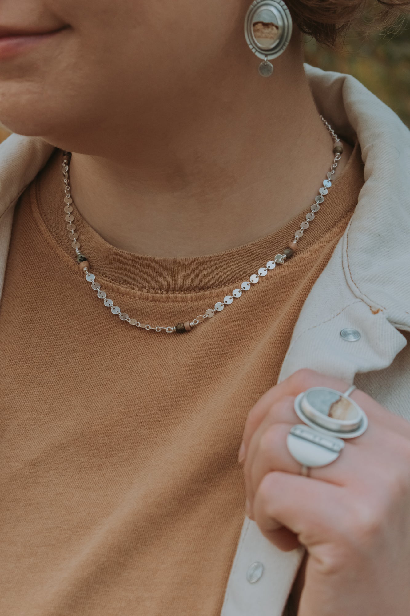 Silver Sequin Chain with Turquoise + Sunstone Beads - Style A - Third Hand Silversmith LLC handmade jewelry, Bozeman, Montana