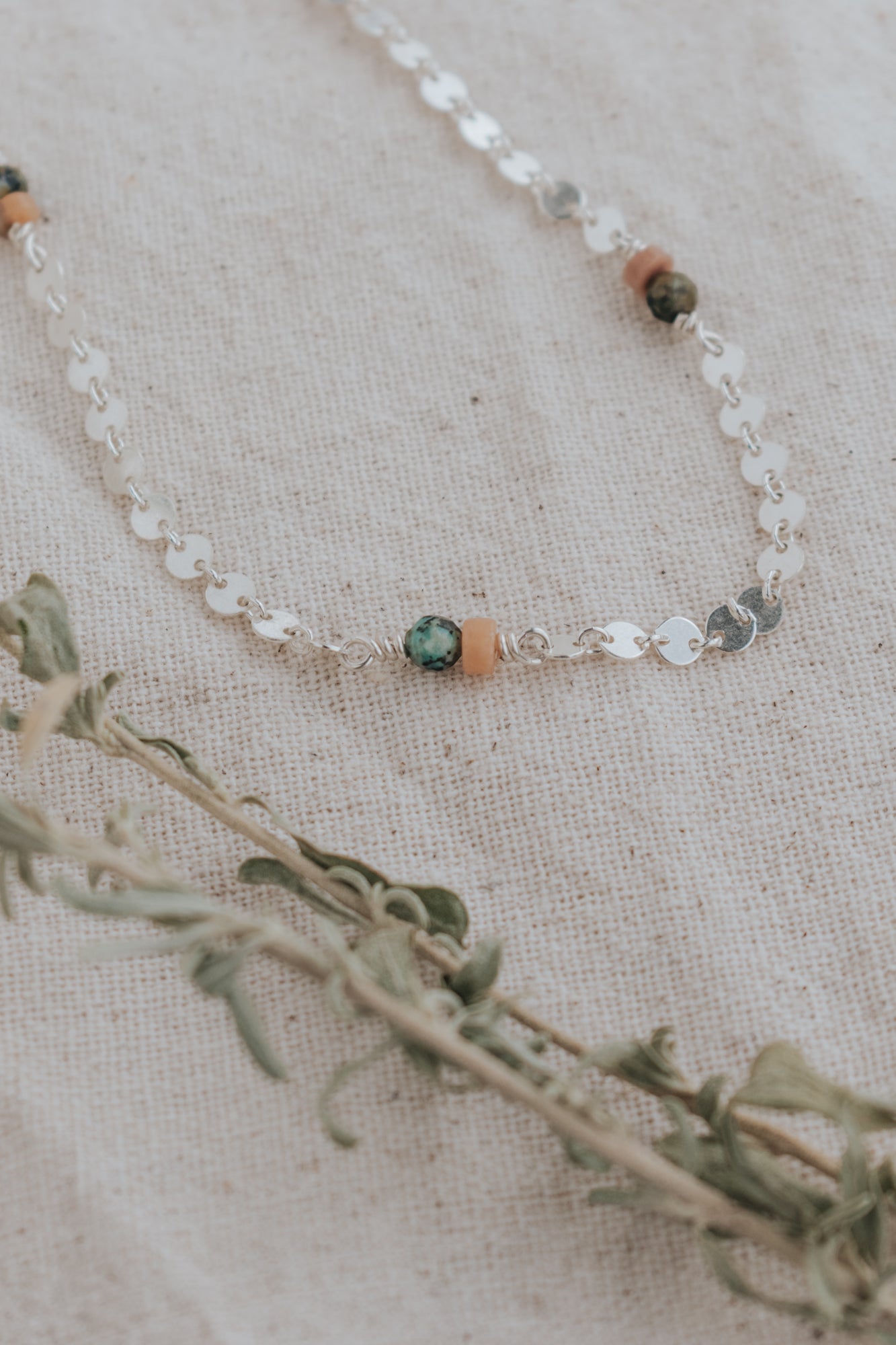 Silver Sequin Chain with Turquoise + Sunstone Beads - Style A - Third Hand Silversmith LLC handmade jewelry, Bozeman, Montana