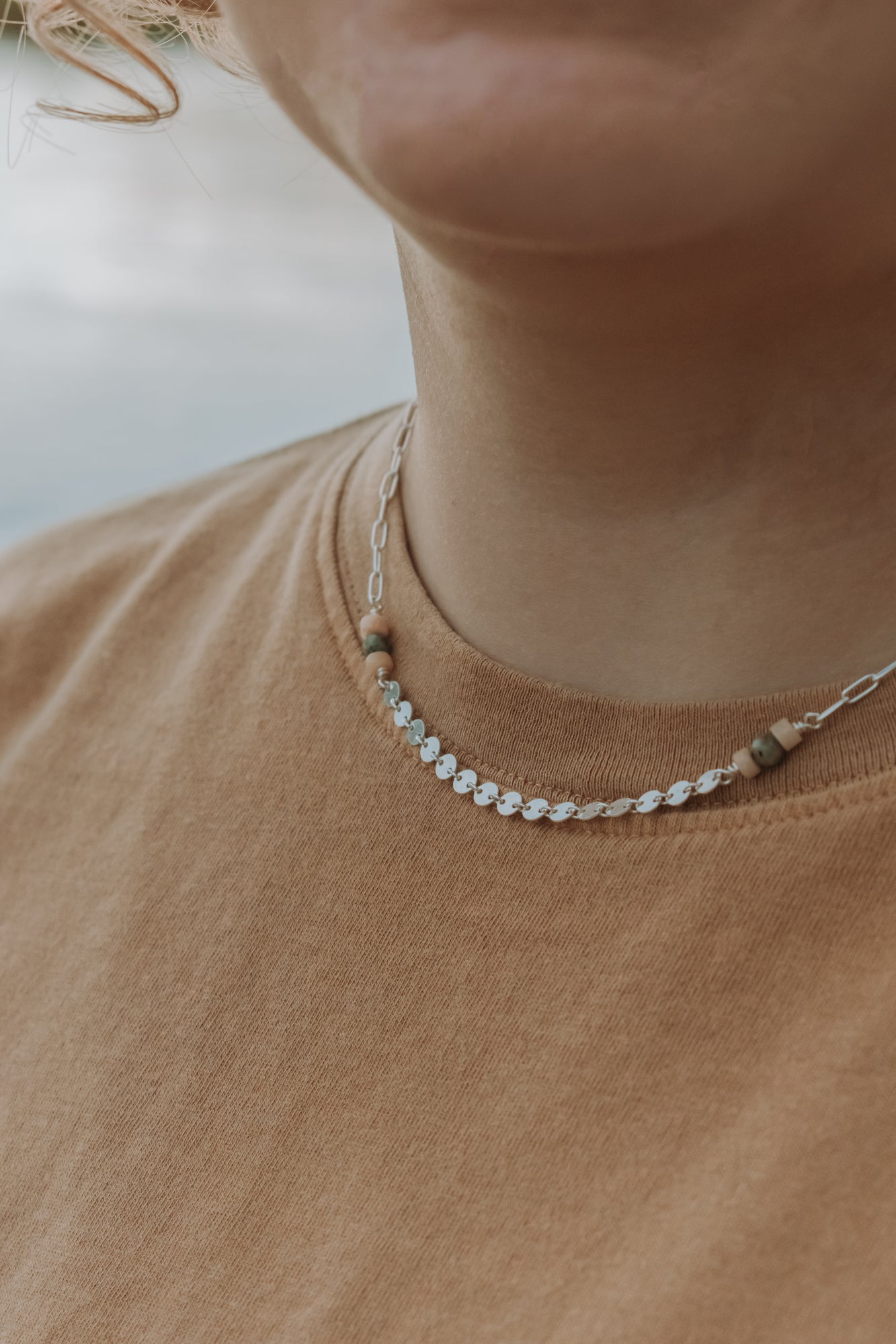 Silver Sequin Chain with Turquoise + Sunstone Beads - Style B - Third Hand Silversmith LLC handmade jewelry, Bozeman, Montana