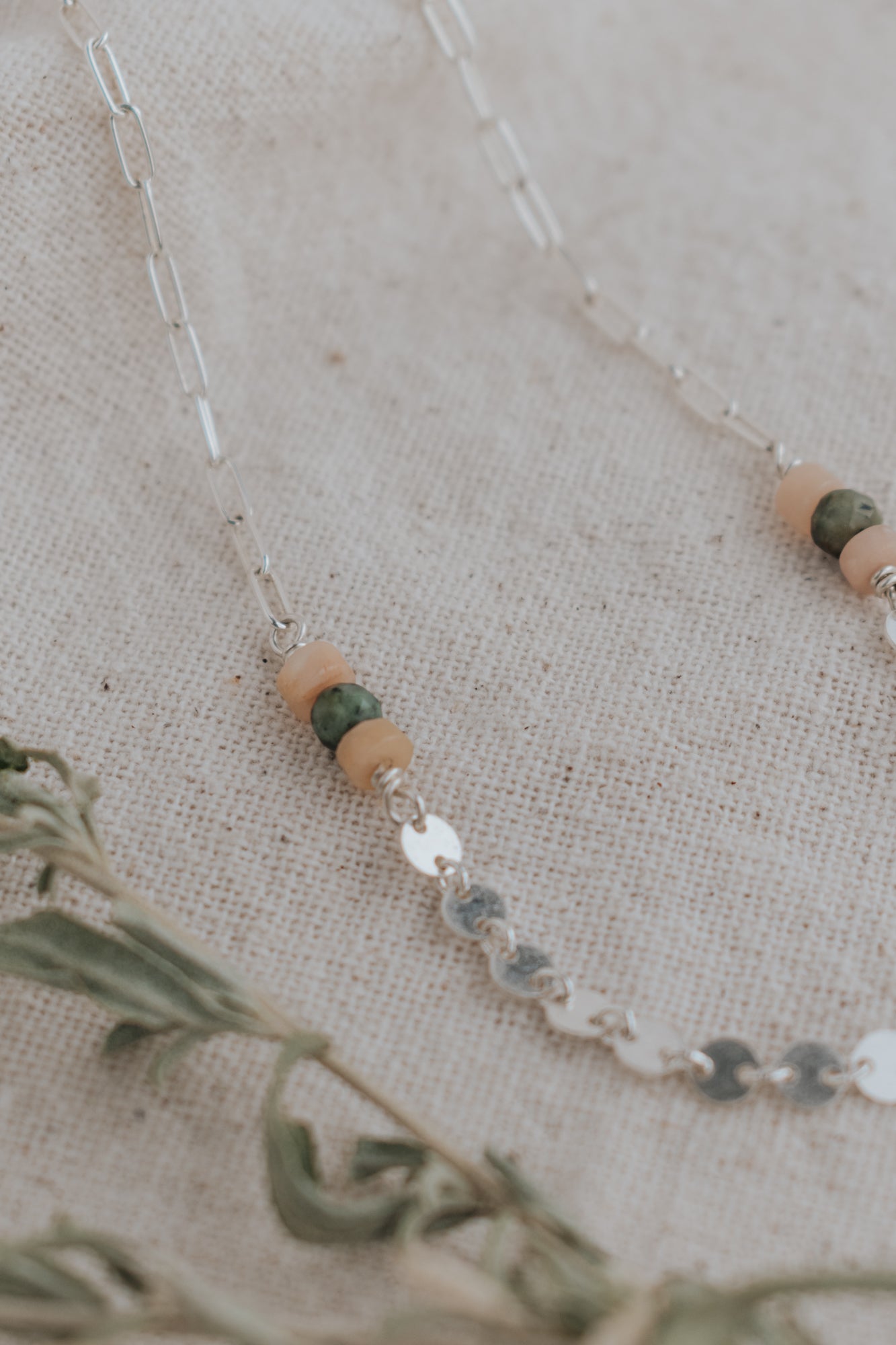 Silver Sequin Chain with Turquoise + Sunstone Beads - Style B - Third Hand Silversmith LLC handmade jewelry, Bozeman, Montana