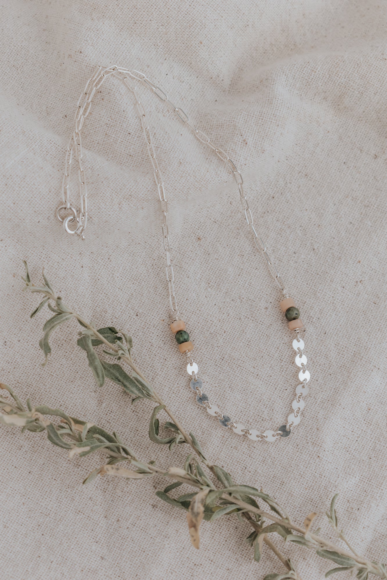 Silver Sequin Chain with Turquoise + Sunstone Beads - Style B - Third Hand Silversmith LLC handmade jewelry, Bozeman, Montana