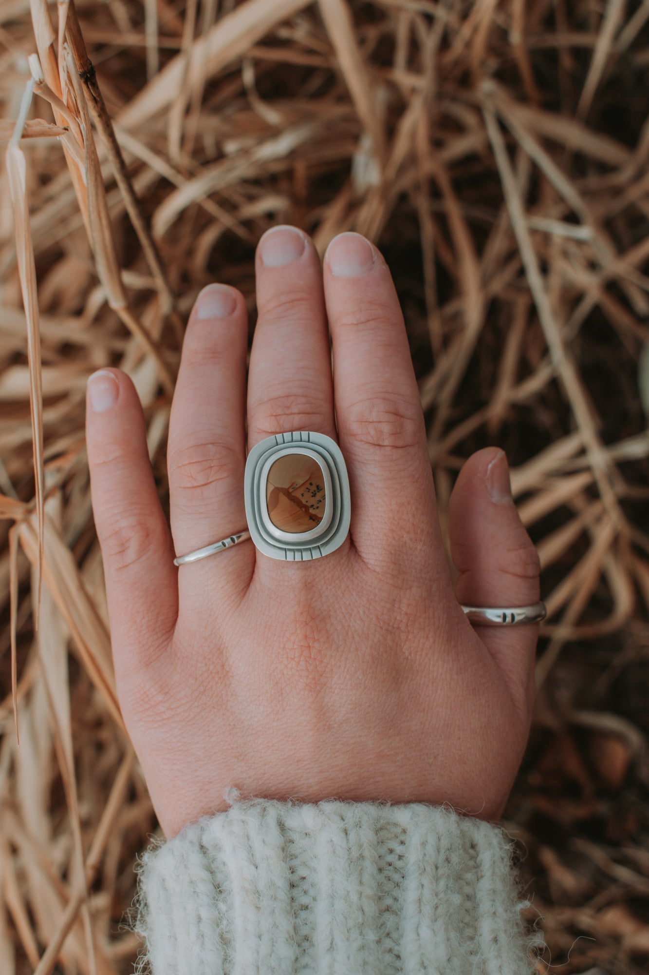 Soft Rectangle Picture Jasper Statement Ring- Size 8.5 - Third Hand Silversmith LLC handmade jewelry, Bozeman, Montana