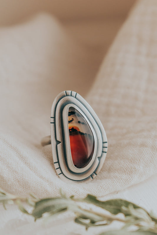 Sunset Mountain Montana Agate Statement Ring - Size 9.5 - Third Hand Silversmith LLC handmade jewelry, Bozeman, Montana