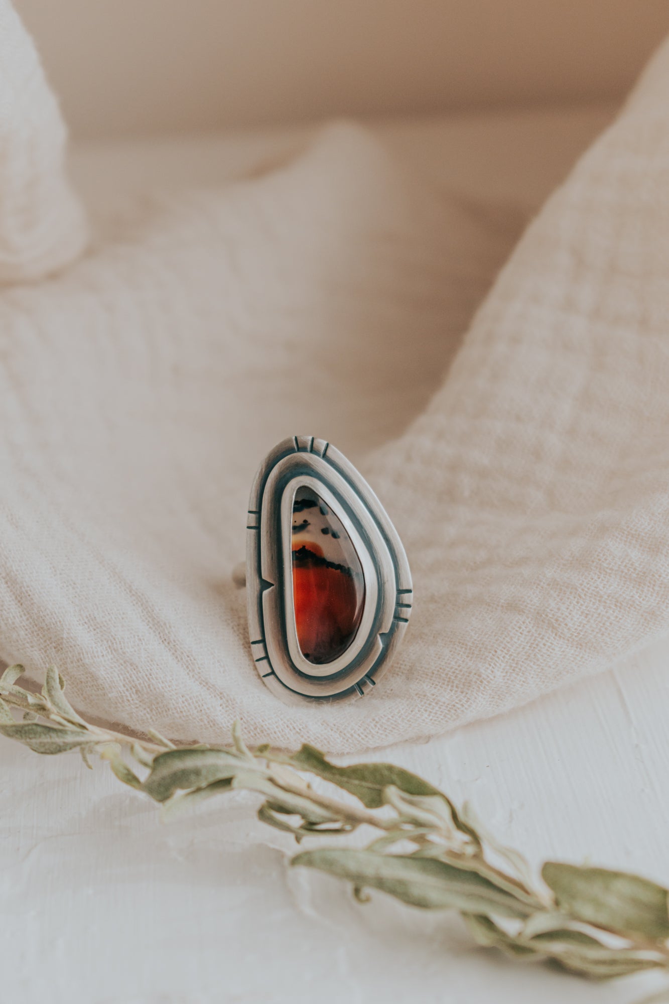 Sunset Mountain Montana Agate Statement Ring - Size 9.5 - Third Hand Silversmith LLC handmade jewelry, Bozeman, Montana
