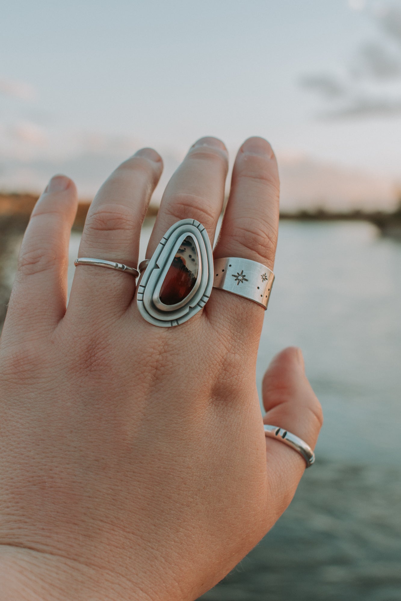 Sunset Mountain Montana Agate Statement Ring - Size 9.5 - Third Hand Silversmith LLC handmade jewelry, Bozeman, Montana